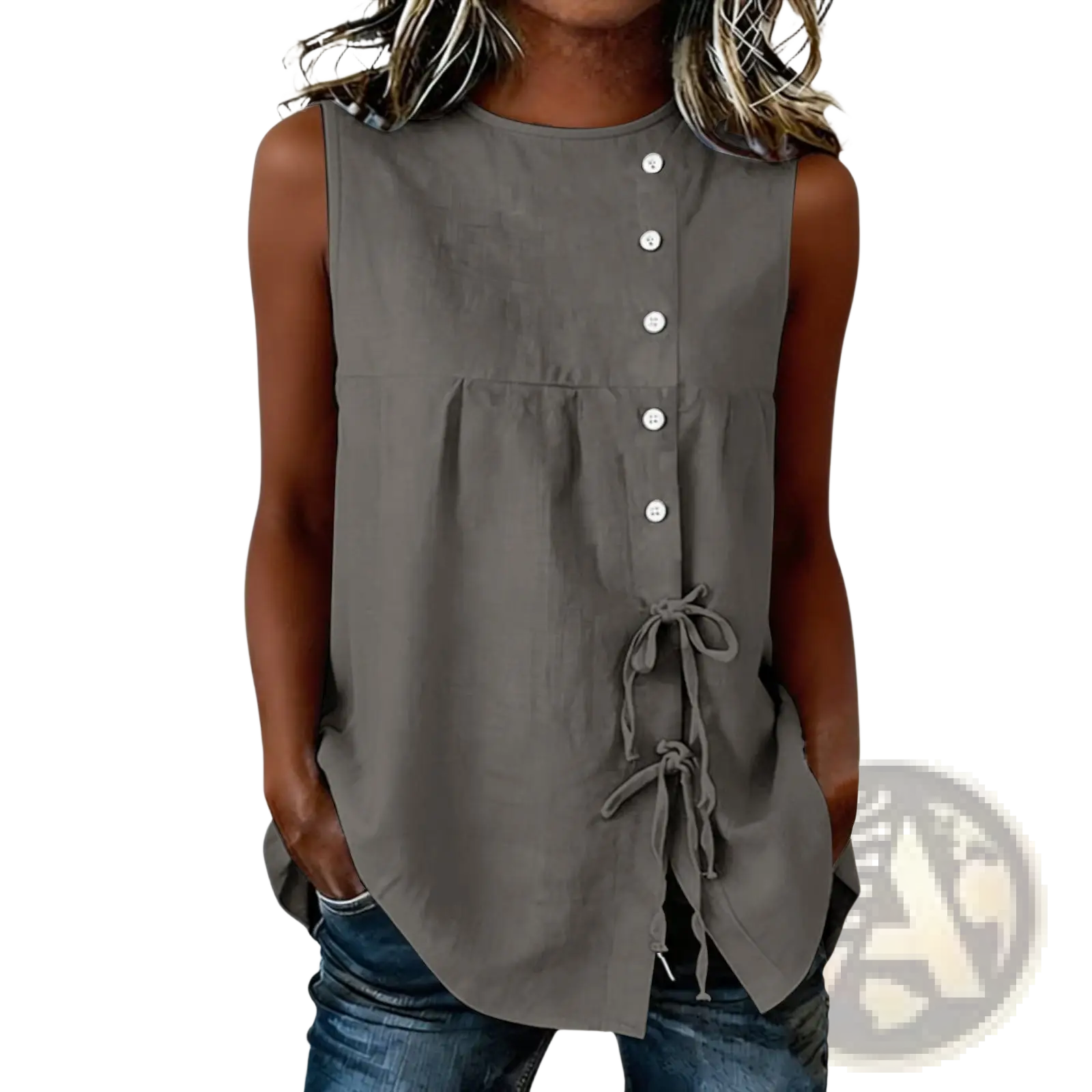 Gray sleeveless tie side button down blouse featuring white buttons and a tied waist detail in soft fabric