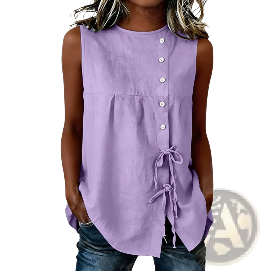 Lavender sleeveless button down blouse with tie side details made from lightweight fabric for casual wear