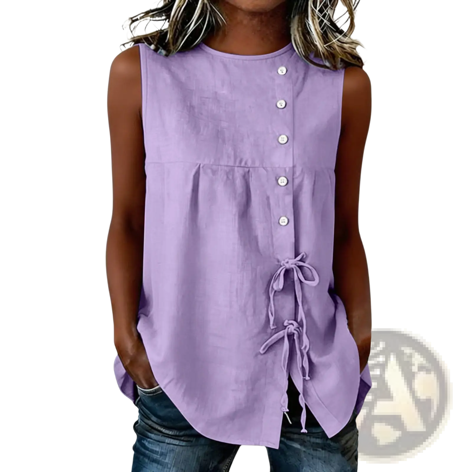 Lavender sleeveless button down blouse with tie side details made from lightweight fabric for casual wear