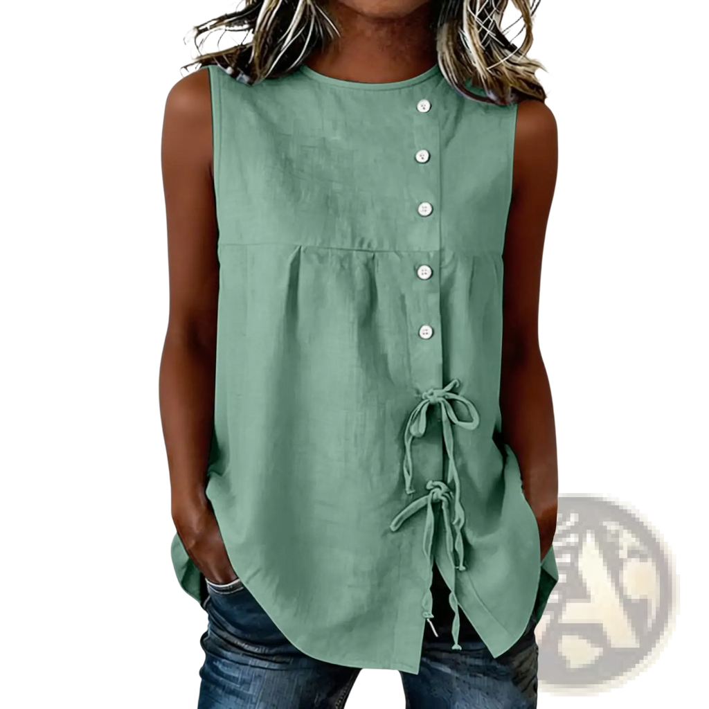 A sage green sleeveless tie side button down blouse with front buttons perfect for casual or office wear