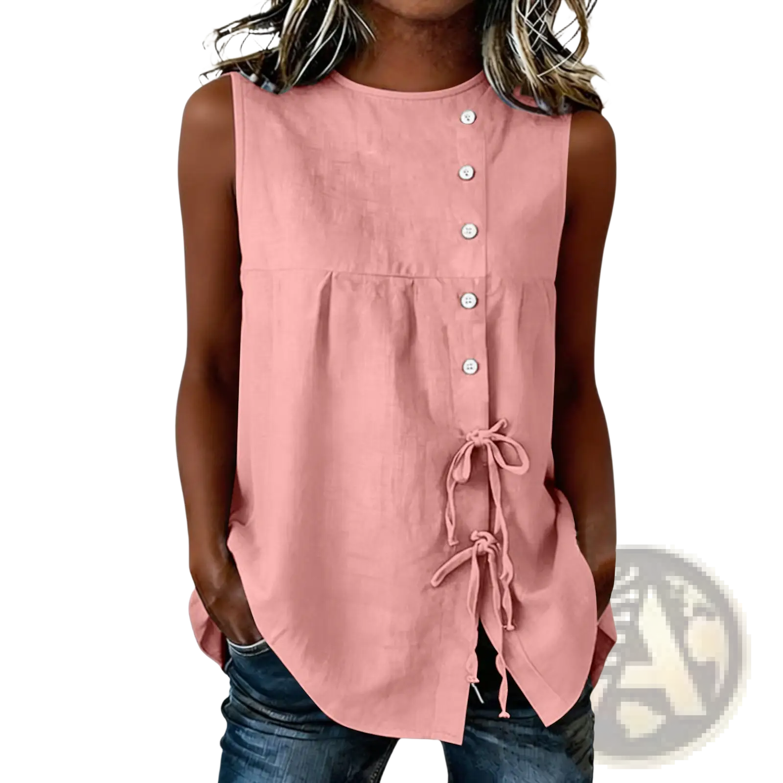 A soft pink sleeveless tie side button down blouse with front buttons and side tie details in lightweight fabric