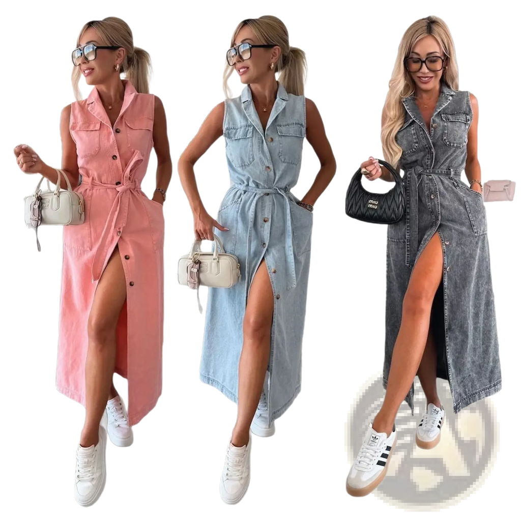 Sleeveless tie waist denim maxi dresses in pink light blue and dark gray with button front and high side slits