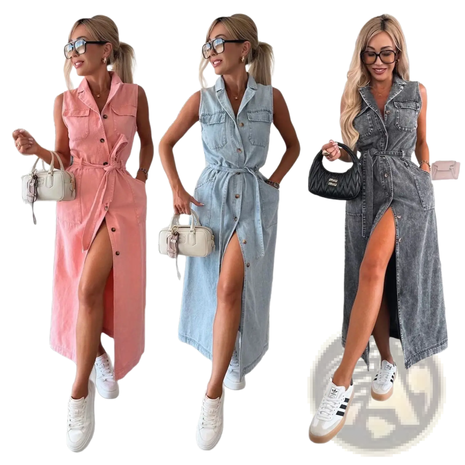 Sleeveless tie waist denim maxi dresses in pink light blue and dark gray with button front and high side slits