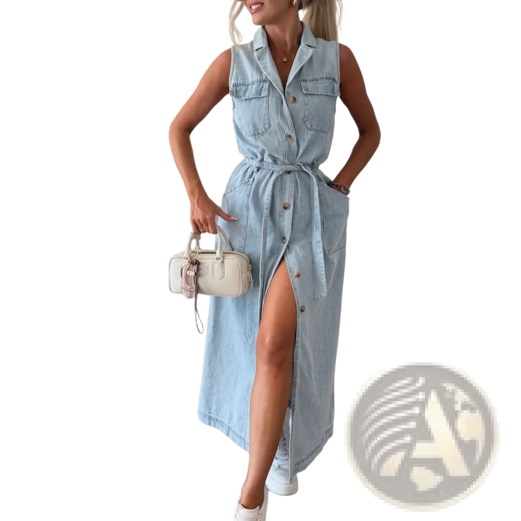 Light blue sleeveless tie waist denim maxi dress with button front and side slit for casual wear