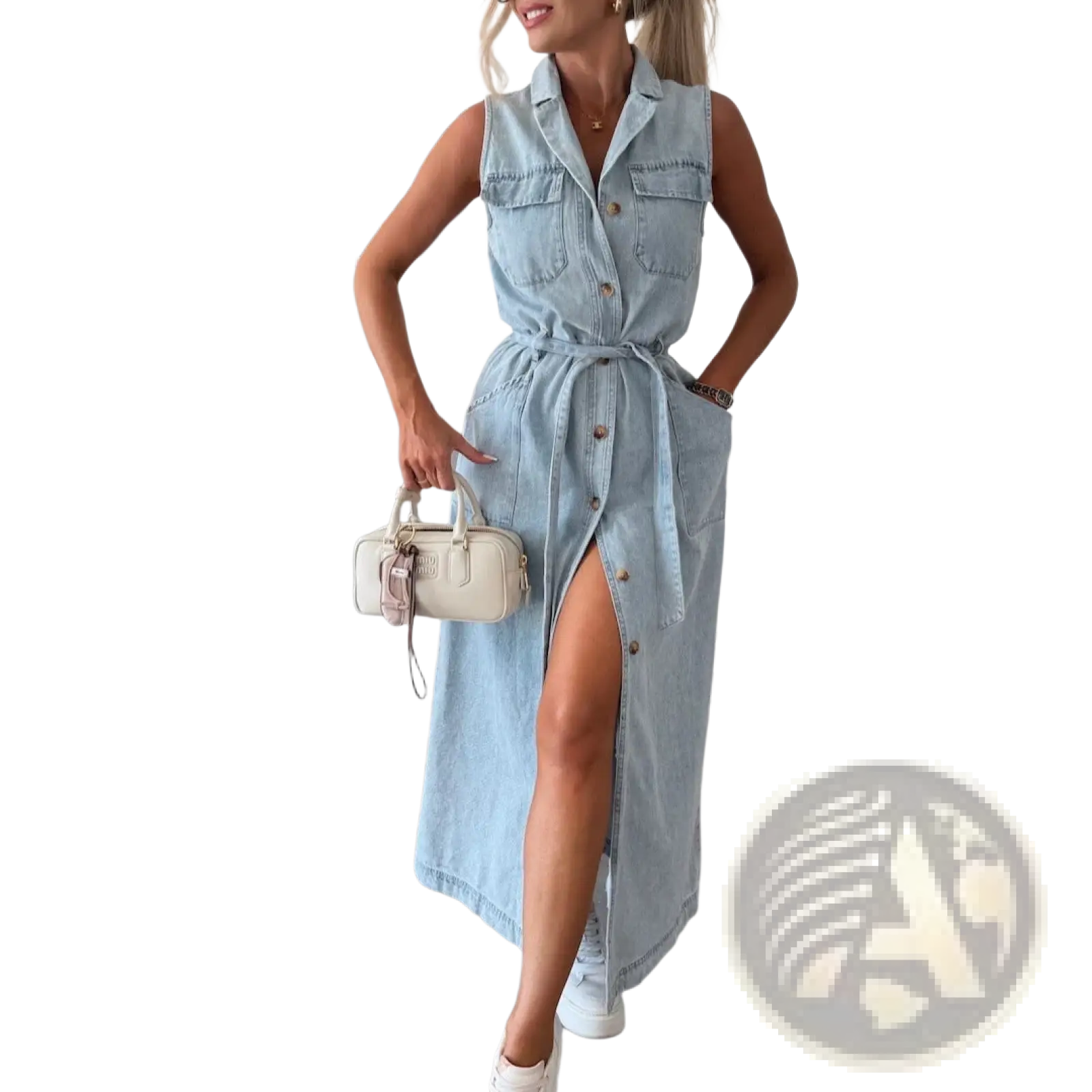 Light blue sleeveless tie waist denim maxi dress with button front and side slit for casual wear