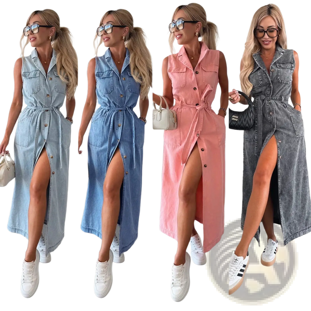 Sleeveless tie waist denim maxi dress in light blue medium blue pink and grey with button front side pockets and high slit