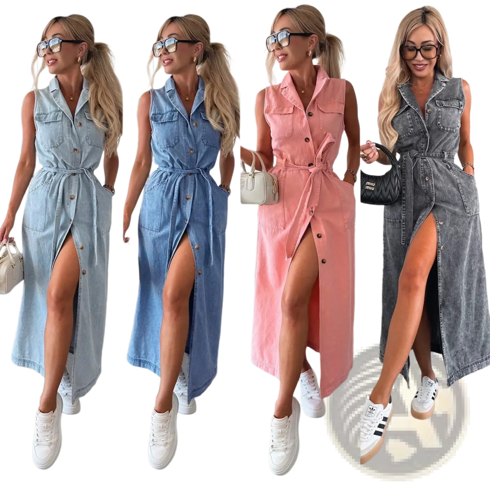 Sleeveless tie waist denim maxi dress in light blue medium blue pink and grey with button front side pockets and high slit