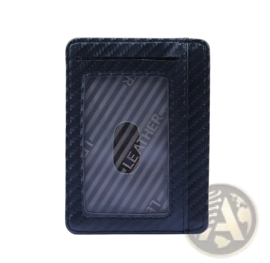 Slim carbon fiber RFID blocking wallet in dark blue with PU leather texture and transparent window displaying leather text