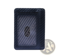 Slim carbon fiber RFID blocking wallet in dark blue with PU leather texture and transparent window displaying leather text