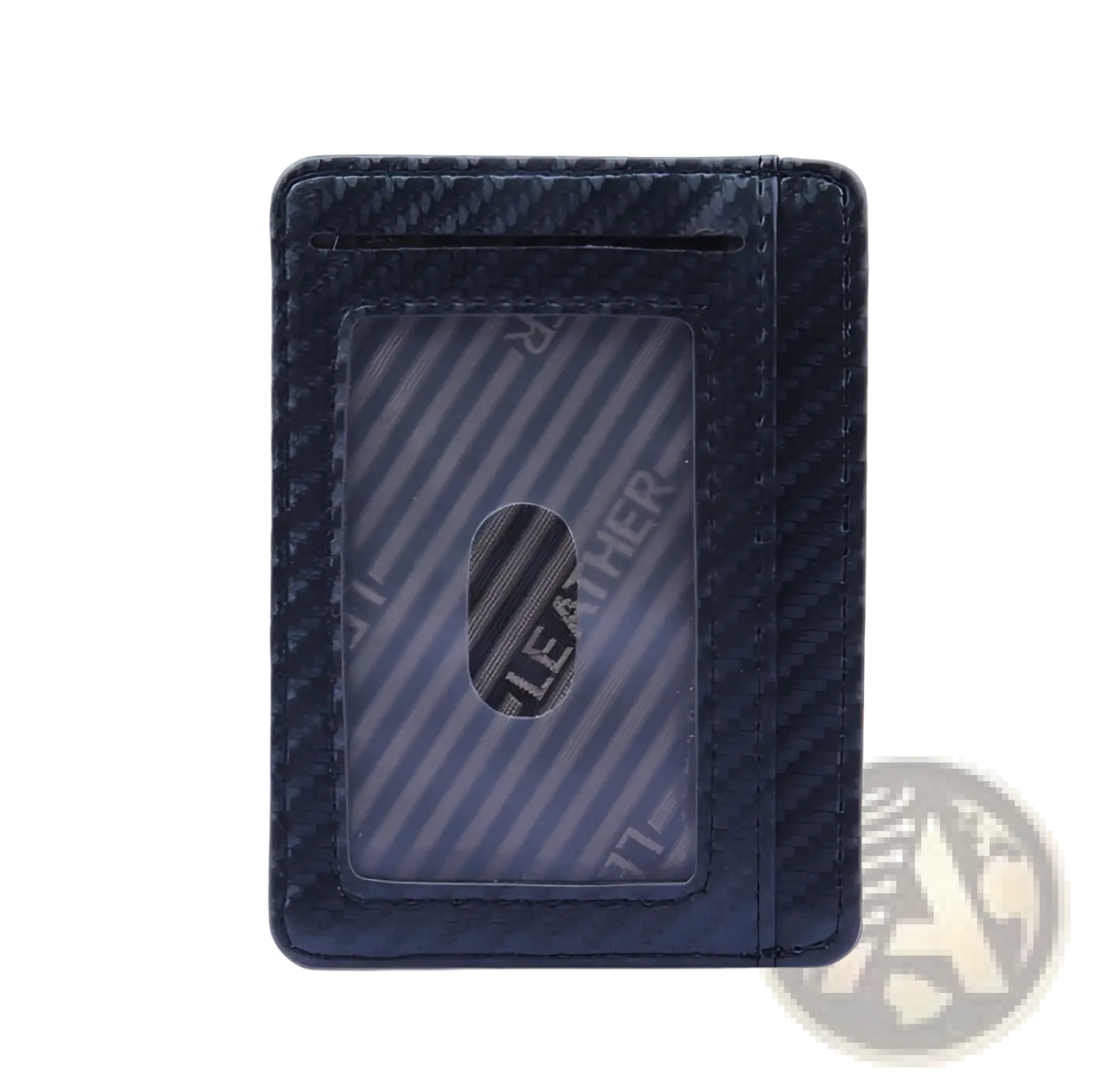 Slim carbon fiber RFID blocking wallet in dark blue with PU leather texture and transparent window displaying leather text
