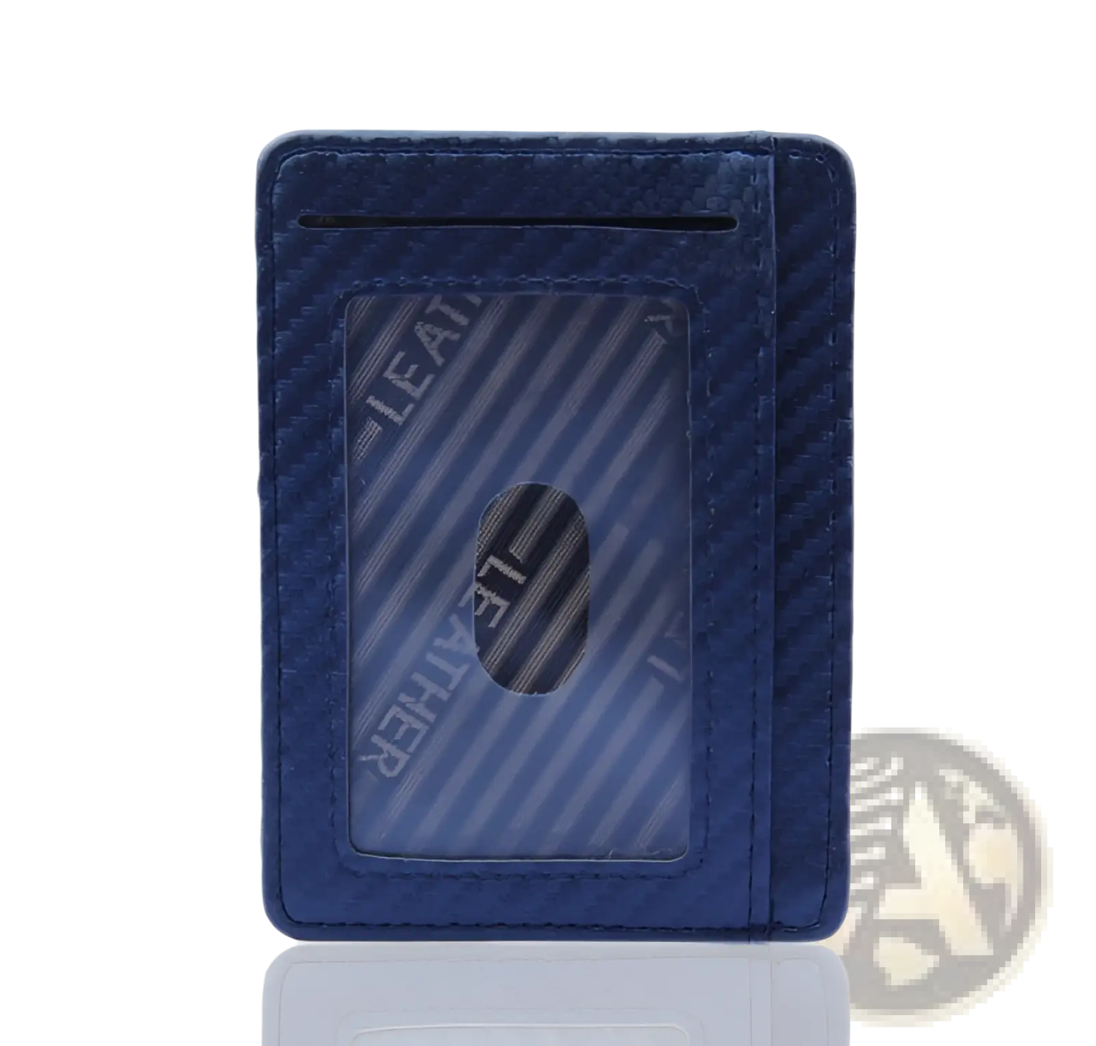 Dark blue slim carbon fiber rfid blocking pu leather wallet with transparent id window and textured surface