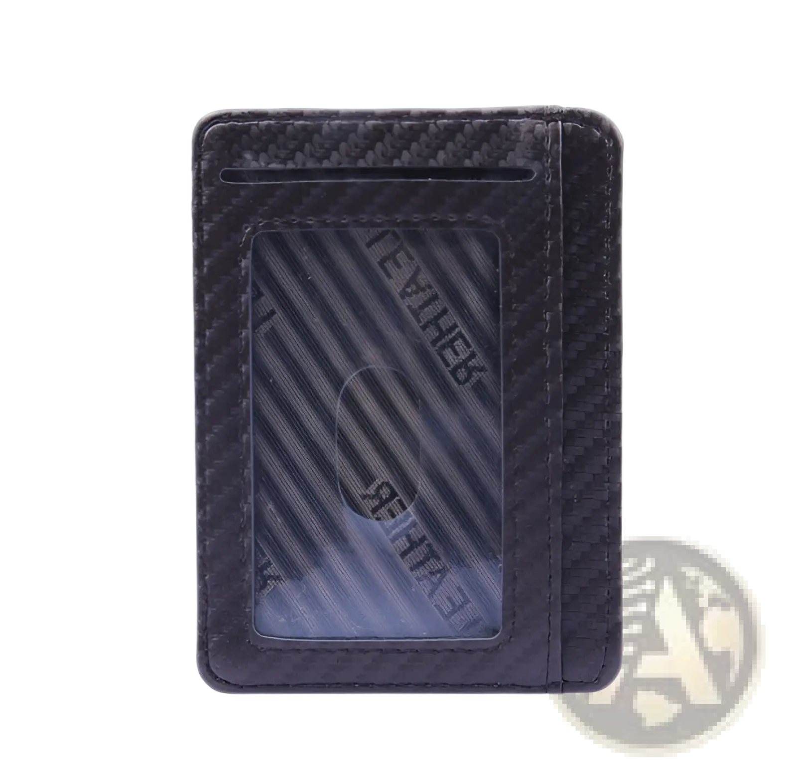 Black slim carbon fiber rfid blocking wallet with pu leather texture and clear id window shown from the back side