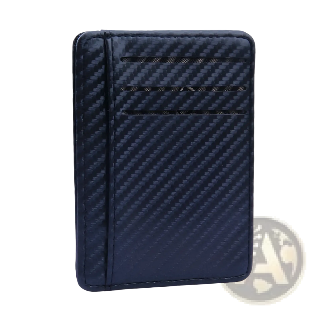 Dark blue slim carbon fiber rfid blocking pu leather wallet with three horizontal card slots visible on front side