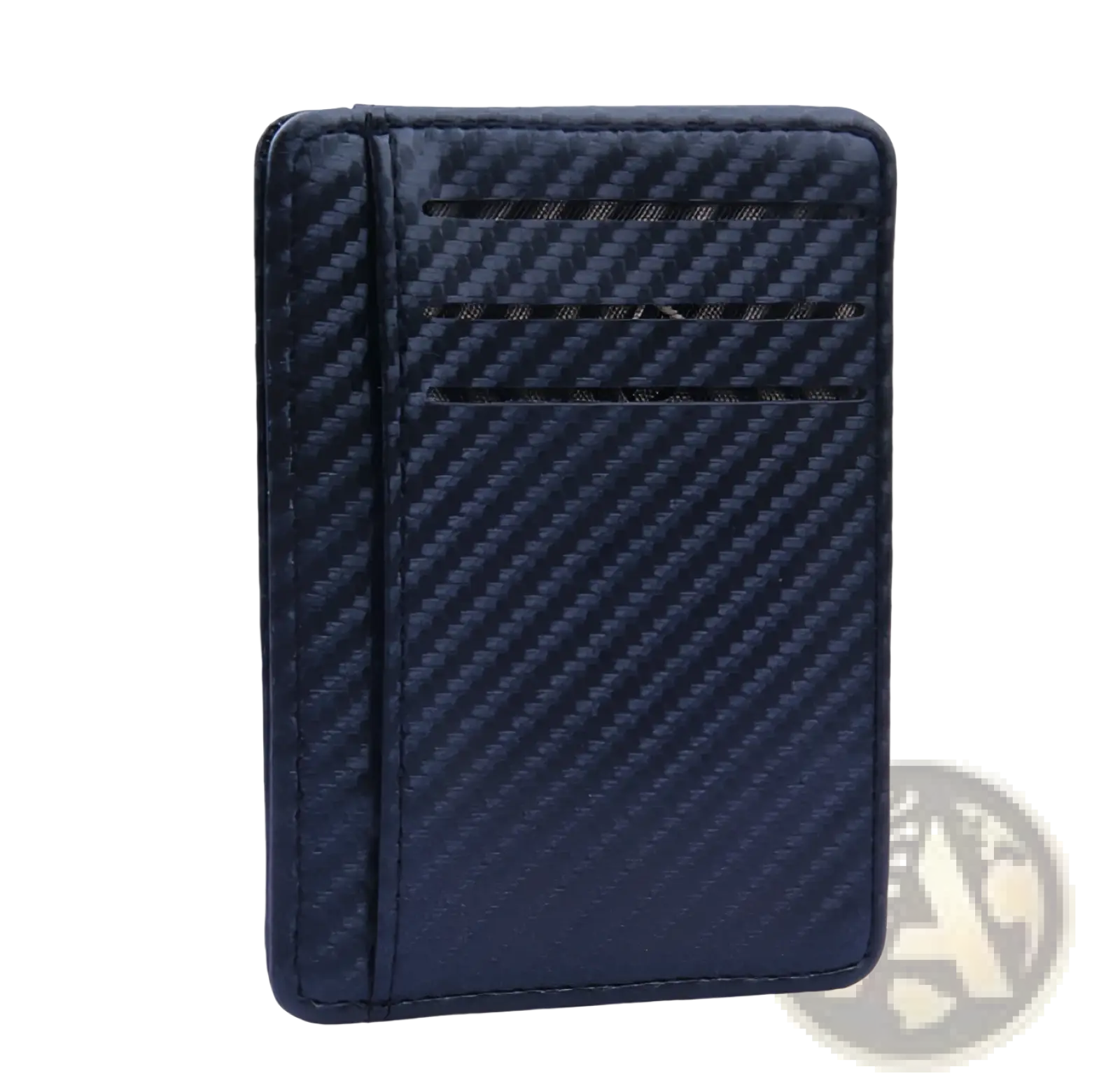 Dark blue slim carbon fiber rfid blocking pu leather wallet with three horizontal card slots visible on front side