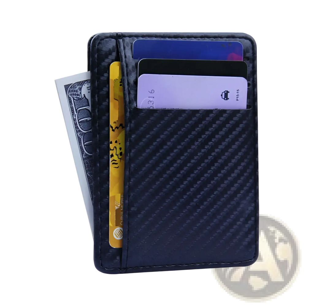 Black carbon fiber textured slim RFID blocking PU leather wallet with multiple card slots and cash compartment