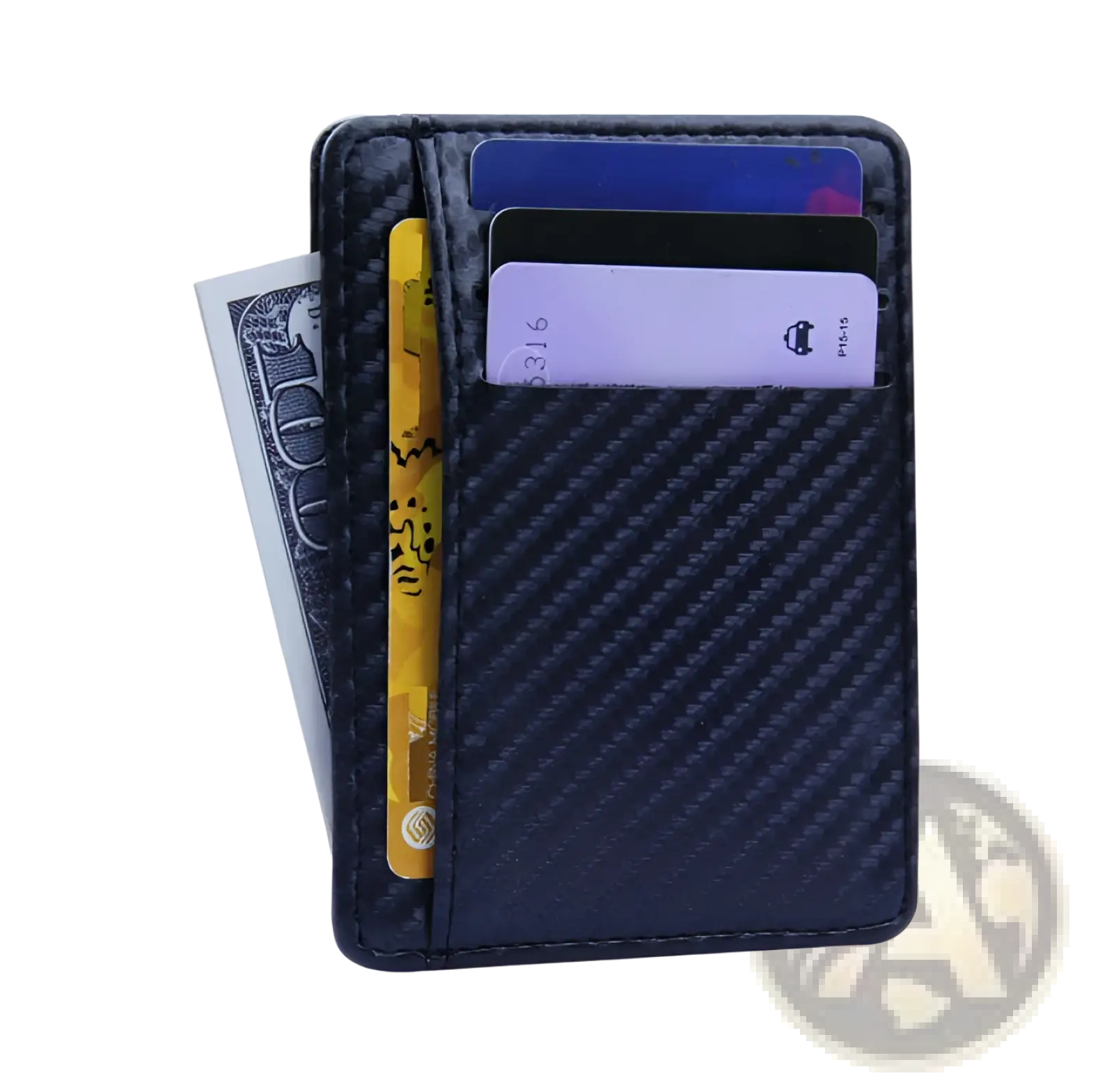 Black carbon fiber textured slim RFID blocking PU leather wallet with multiple card slots and cash compartment