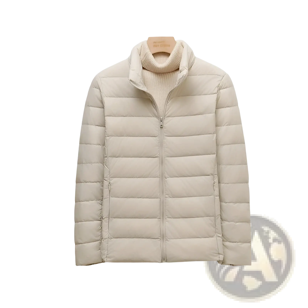 Beige quilted slim down jacket with standing collar and front zipper made of padded material for warmth