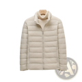 Beige quilted slim down jacket with standing collar and front zipper made of padded material for warmth