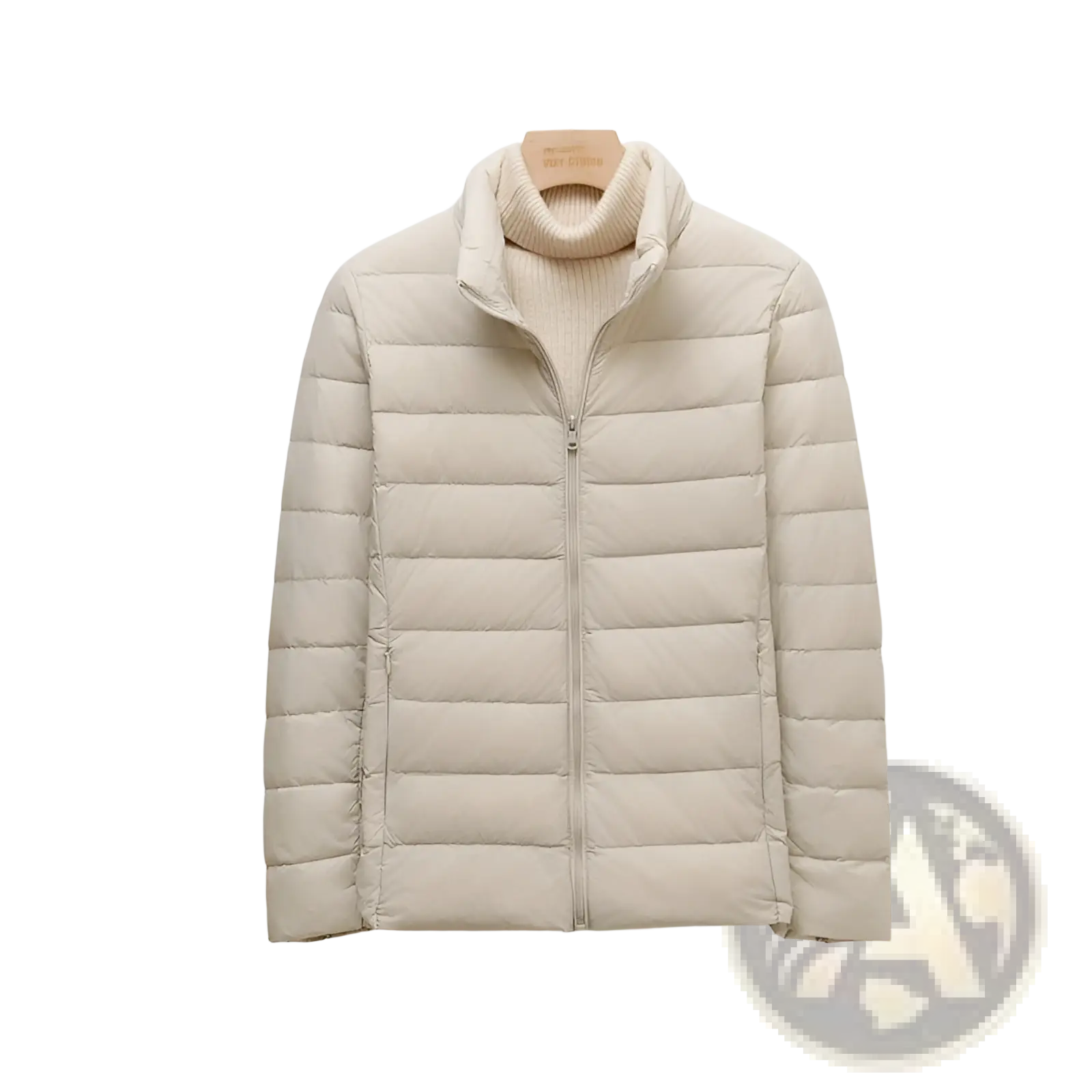 Beige quilted slim down jacket with standing collar and front zipper made of padded material for warmth