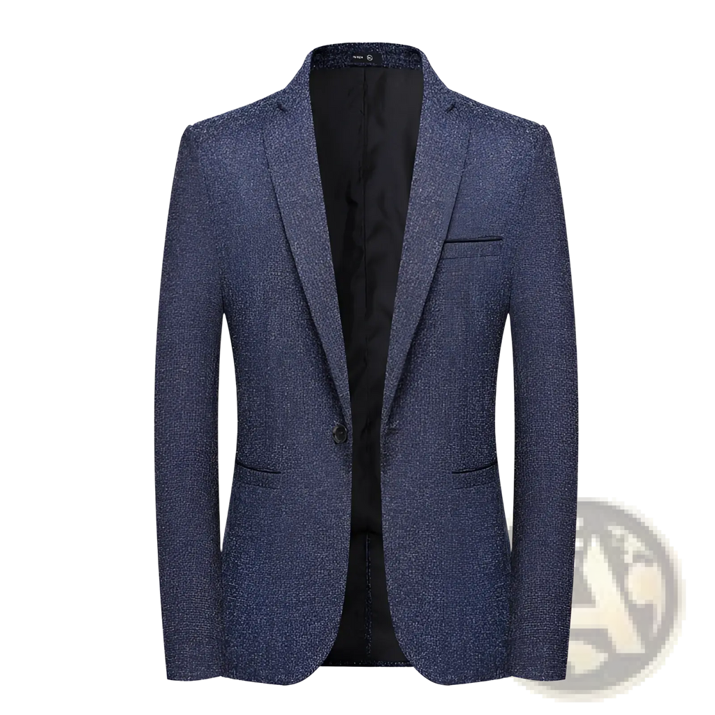 Slim fit navy blue textured blazer with single button closure and black inner lining for business wear