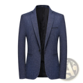 Slim fit navy blue textured blazer with single button closure and black inner lining for business wear