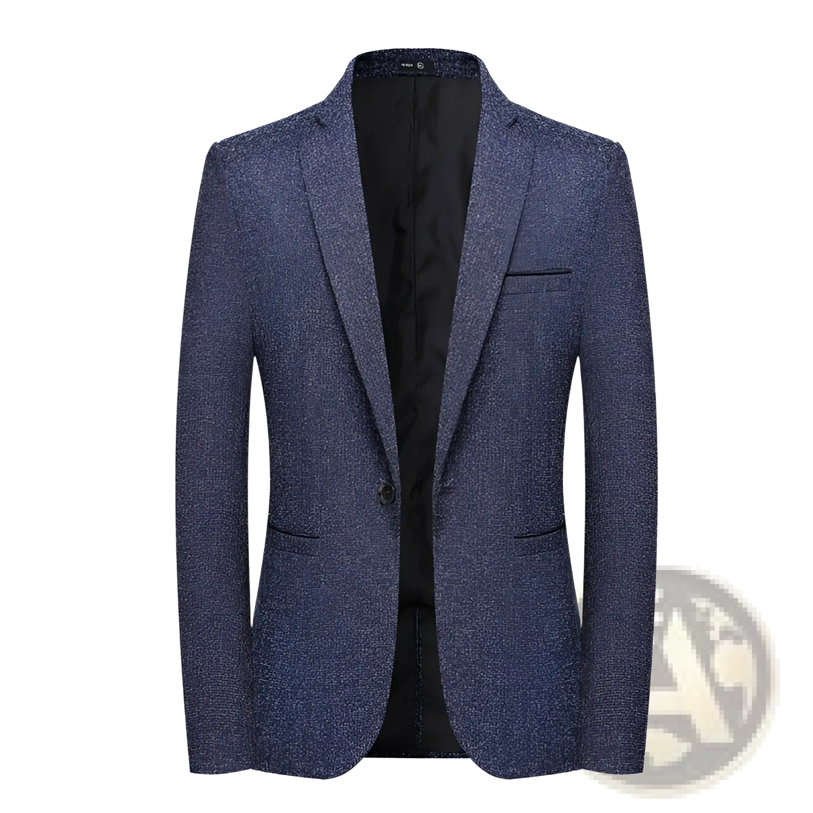 Slim fit navy blue textured blazer with single button closure and black inner lining for business wear