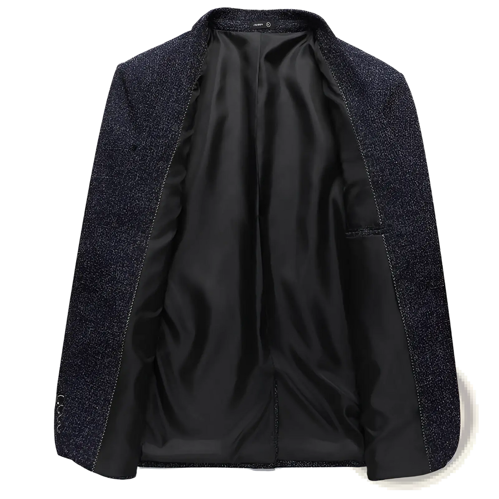 Slim fit one button business suit blazer in dark gray textured wool with sleek black satin lining for formal wear