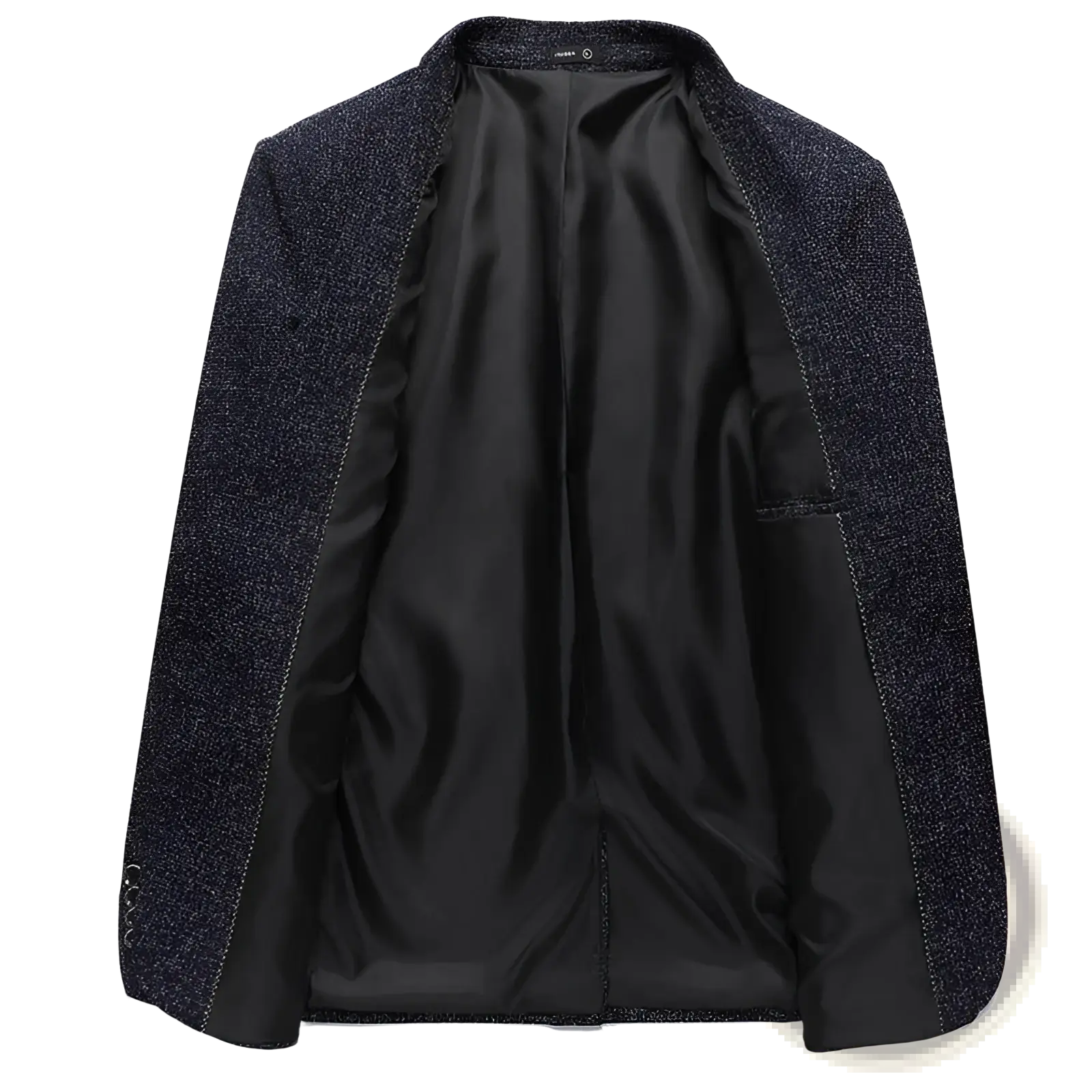 Slim fit one button business suit blazer in dark gray textured wool with sleek black satin lining for formal wear