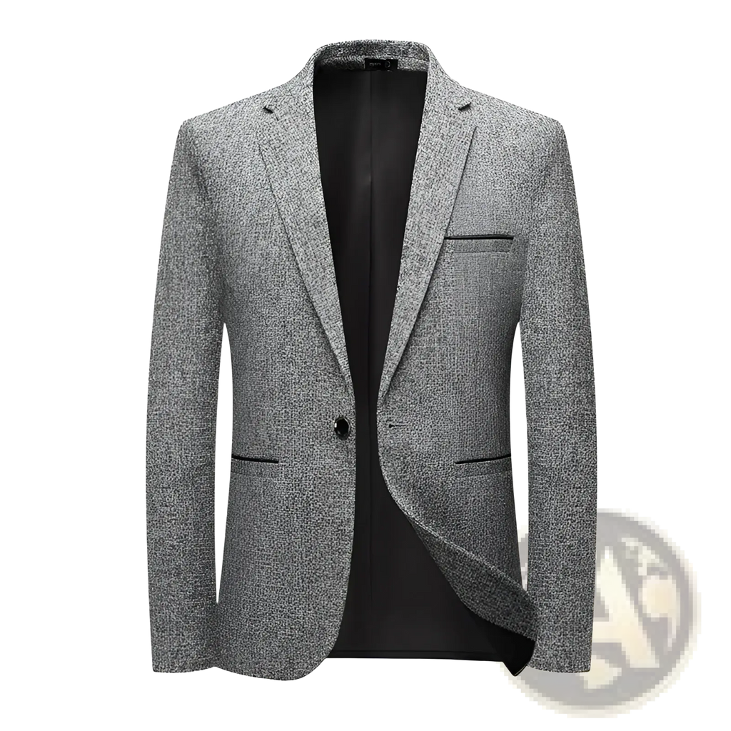Slim fit gray textured blazer with black inner lining and single button closure for business wear