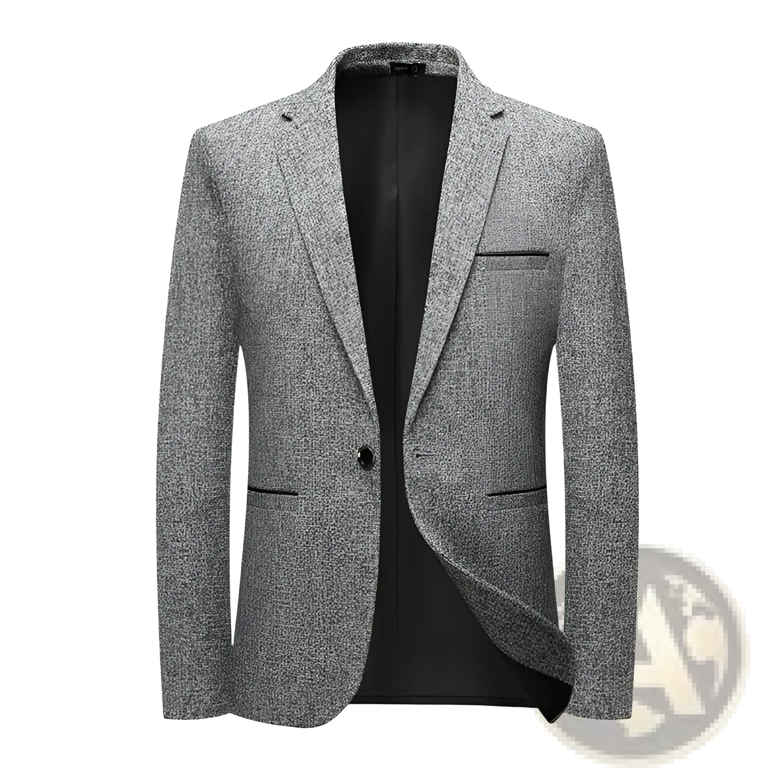 Slim fit gray textured blazer with black inner lining and single button closure for business wear