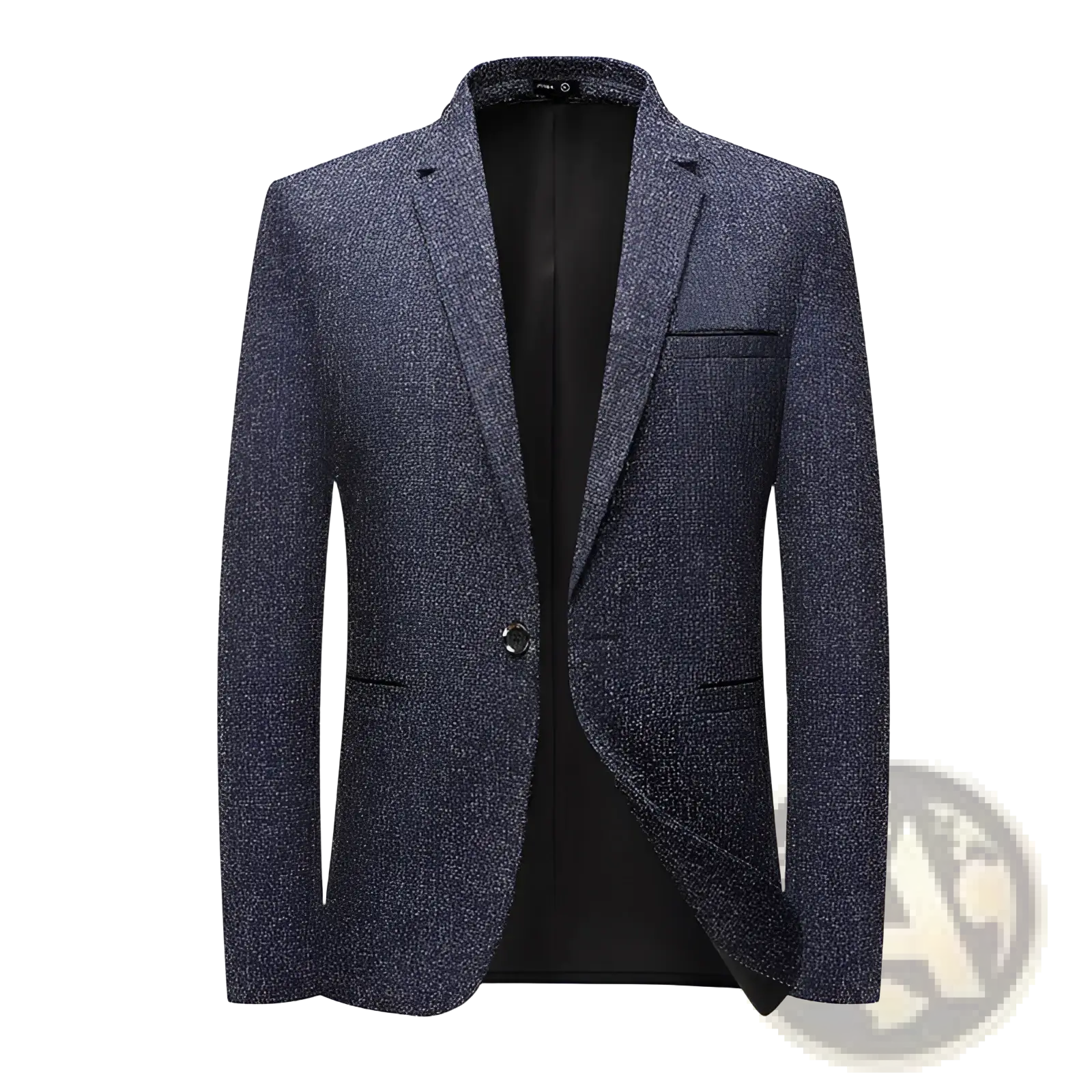 Slim fit one button business suit blazer in navy blue textured fabric with subtle speckled pattern and black lining