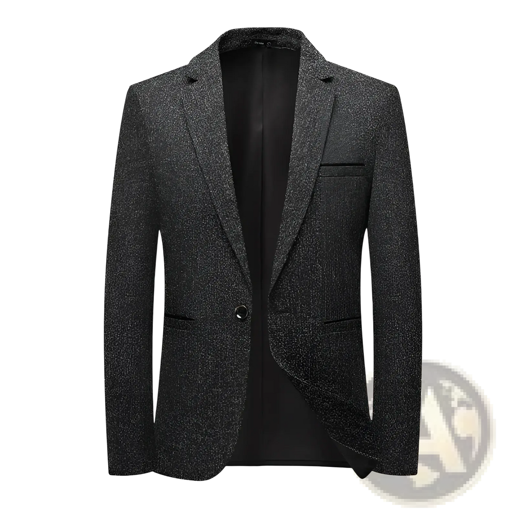 A slim fit charcoal gray textured business suit blazer with a single button closure and notched lapels