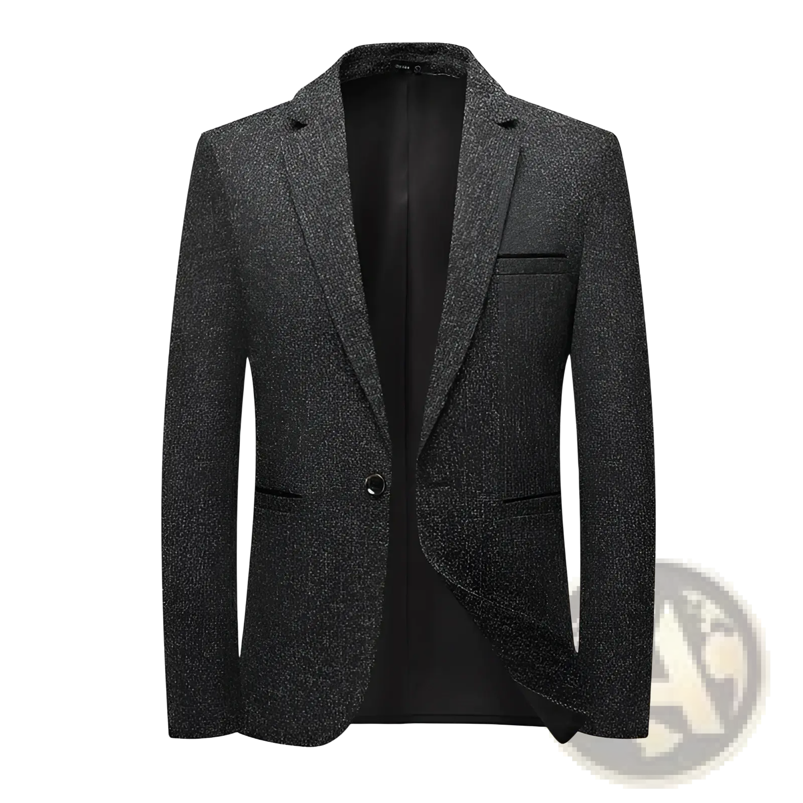 A slim fit charcoal gray textured business suit blazer with a single button closure and notched lapels