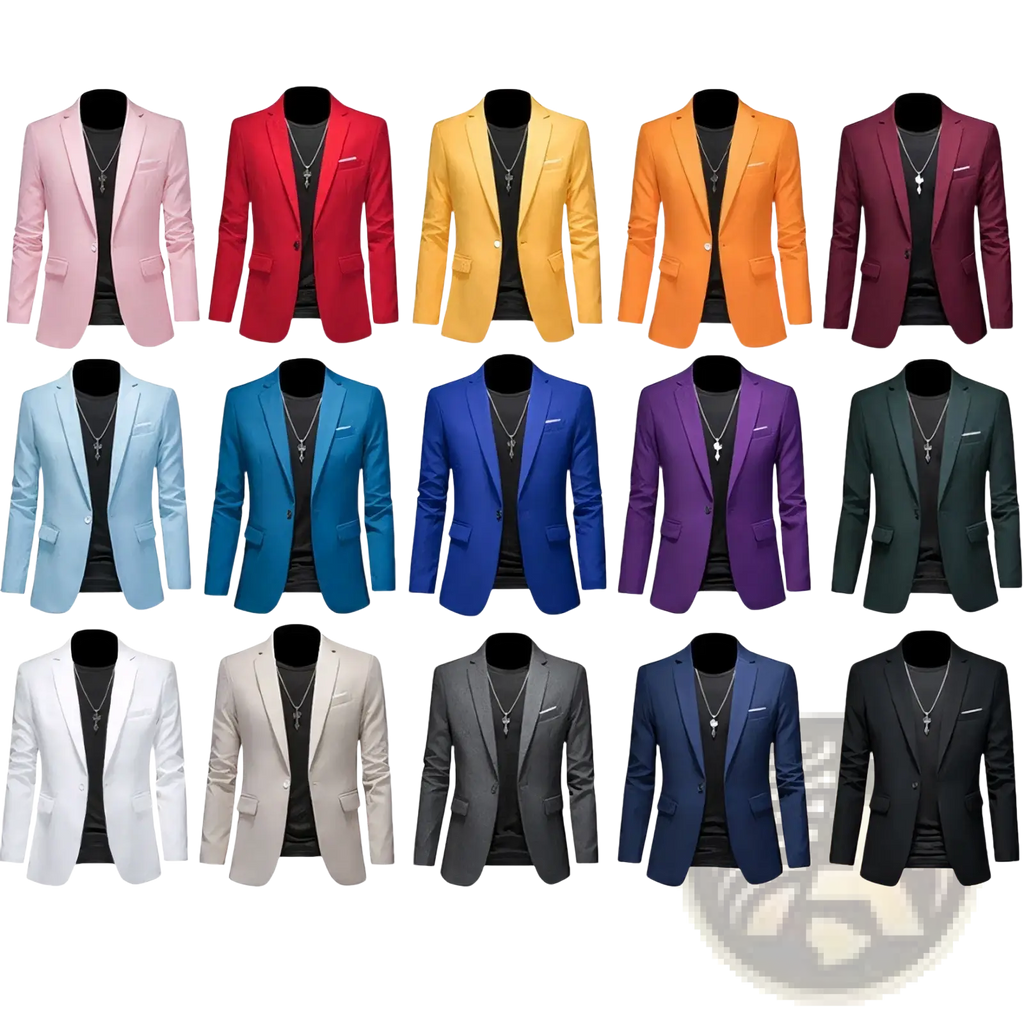 A collection of slim fit corduroy business blazers for men in vibrant colors including pink, red, yellow, and blue