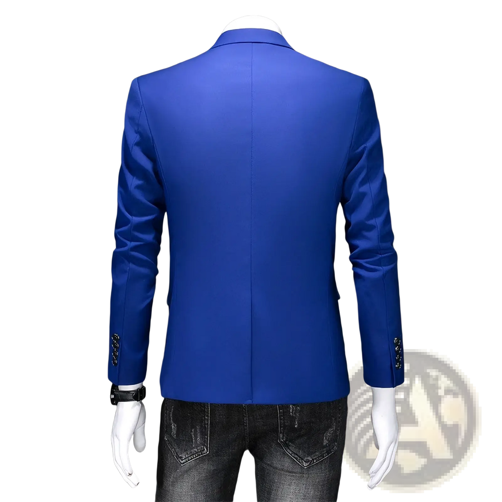 Slim fit corduroy business blazer in vibrant royal blue with subtle sheen and black button cuff detailing