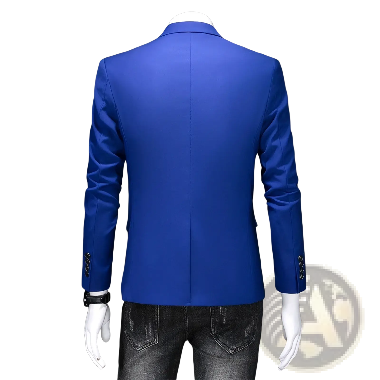 Slim fit corduroy business blazer in vibrant royal blue with subtle sheen and black button cuff detailing