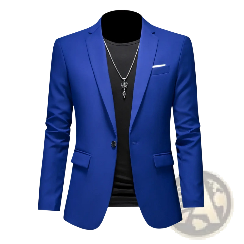 Slim fit royal blue corduroy business blazer with sleek single-breasted design and contrasting black button