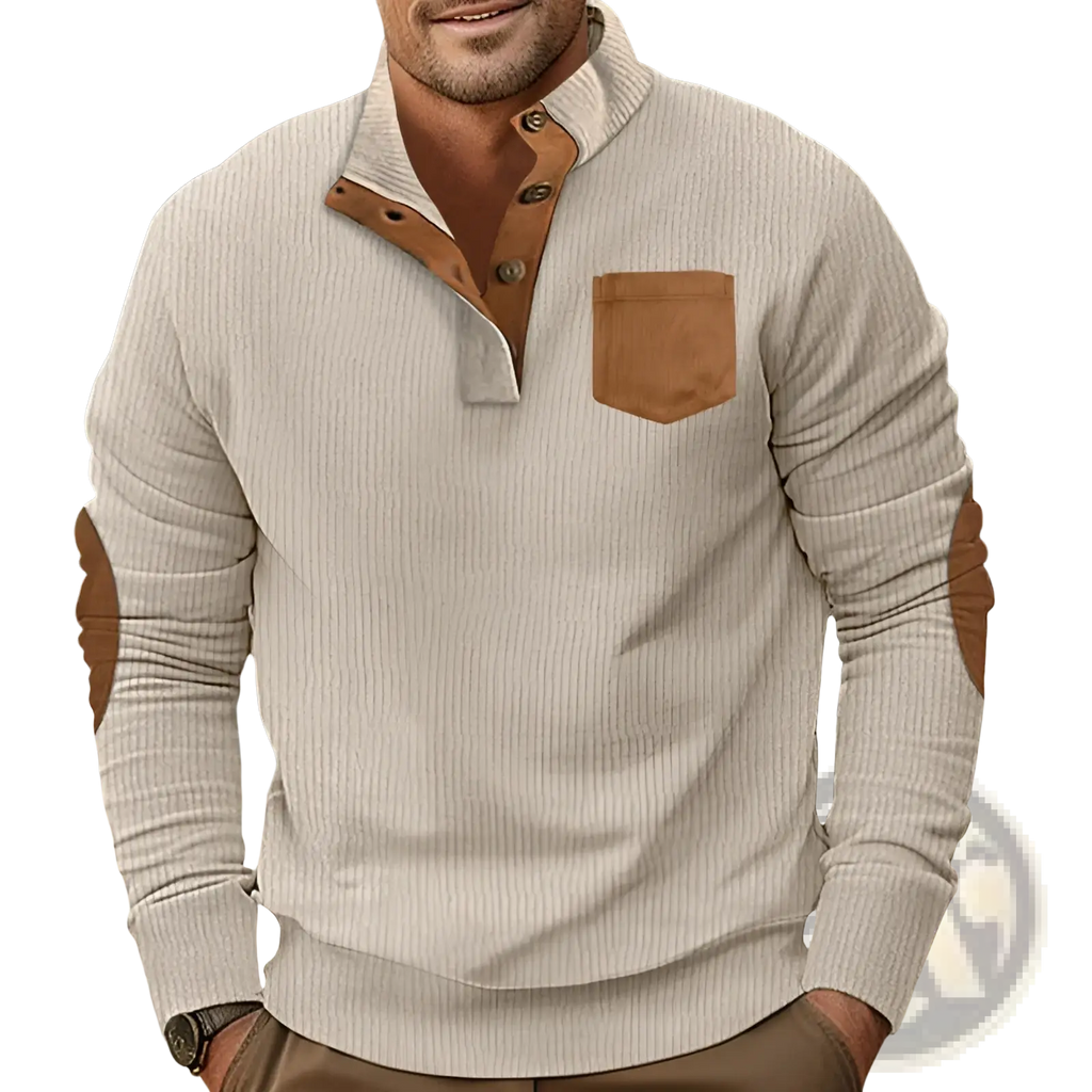 Beige slim fit ribbed knit long sleeve shirt with brown leather collar, placket, chest pocket, and elbow patches