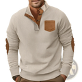 Beige slim fit ribbed knit long sleeve shirt with brown leather collar, placket, chest pocket, and elbow patches