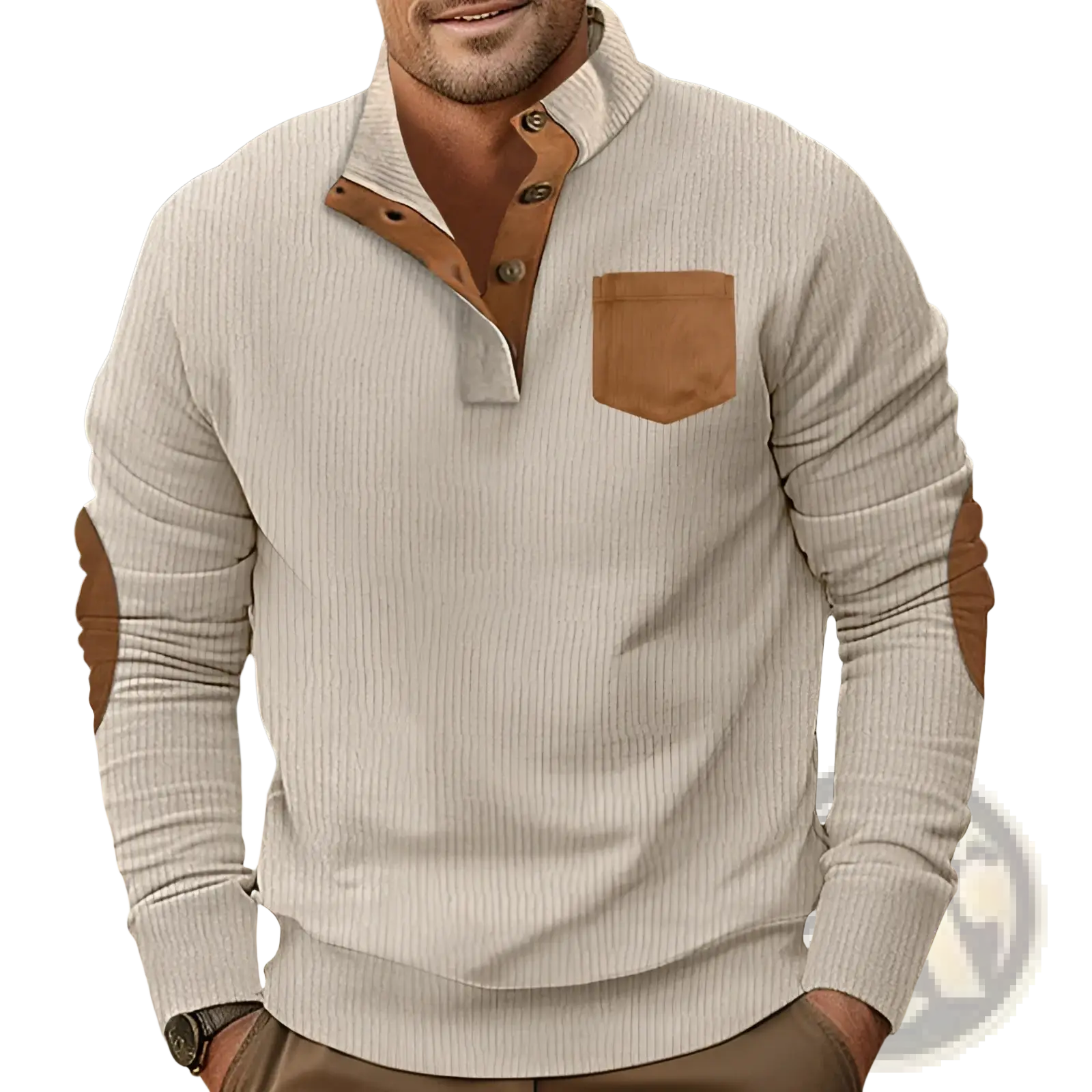 Beige slim fit ribbed knit long sleeve shirt with brown leather collar, placket, chest pocket, and elbow patches