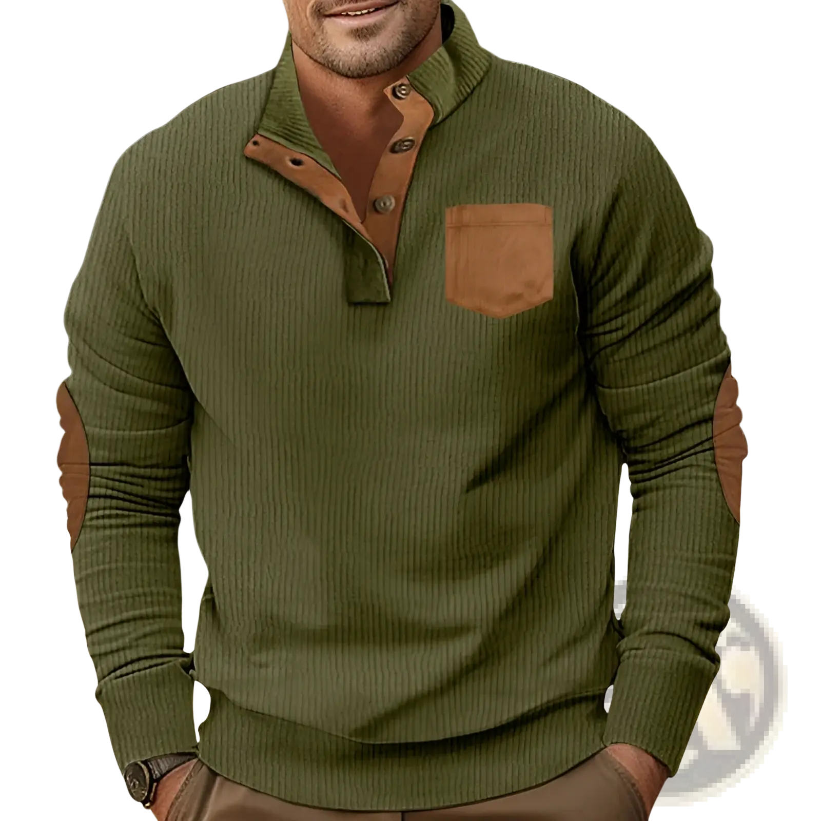 Slim fit olive green ribbed knit henley shirt with brown leather corduroy patch accents on collar placket pocket and elbows