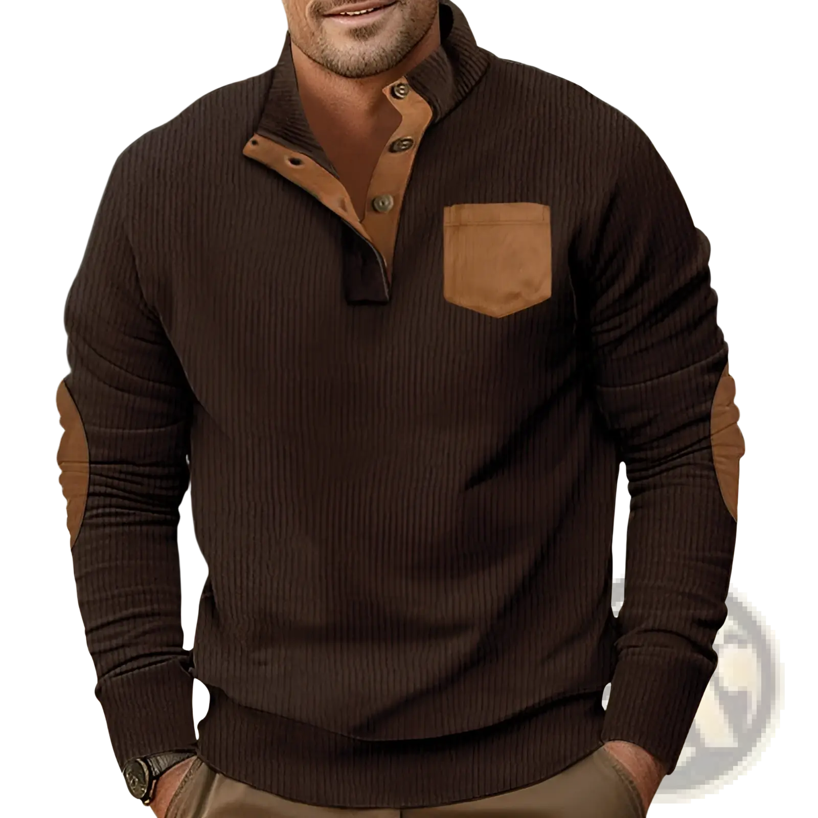 Slim fit brown ribbed knit sweater with tan leather-like collar, placket buttons, chest pocket, and elbow patches