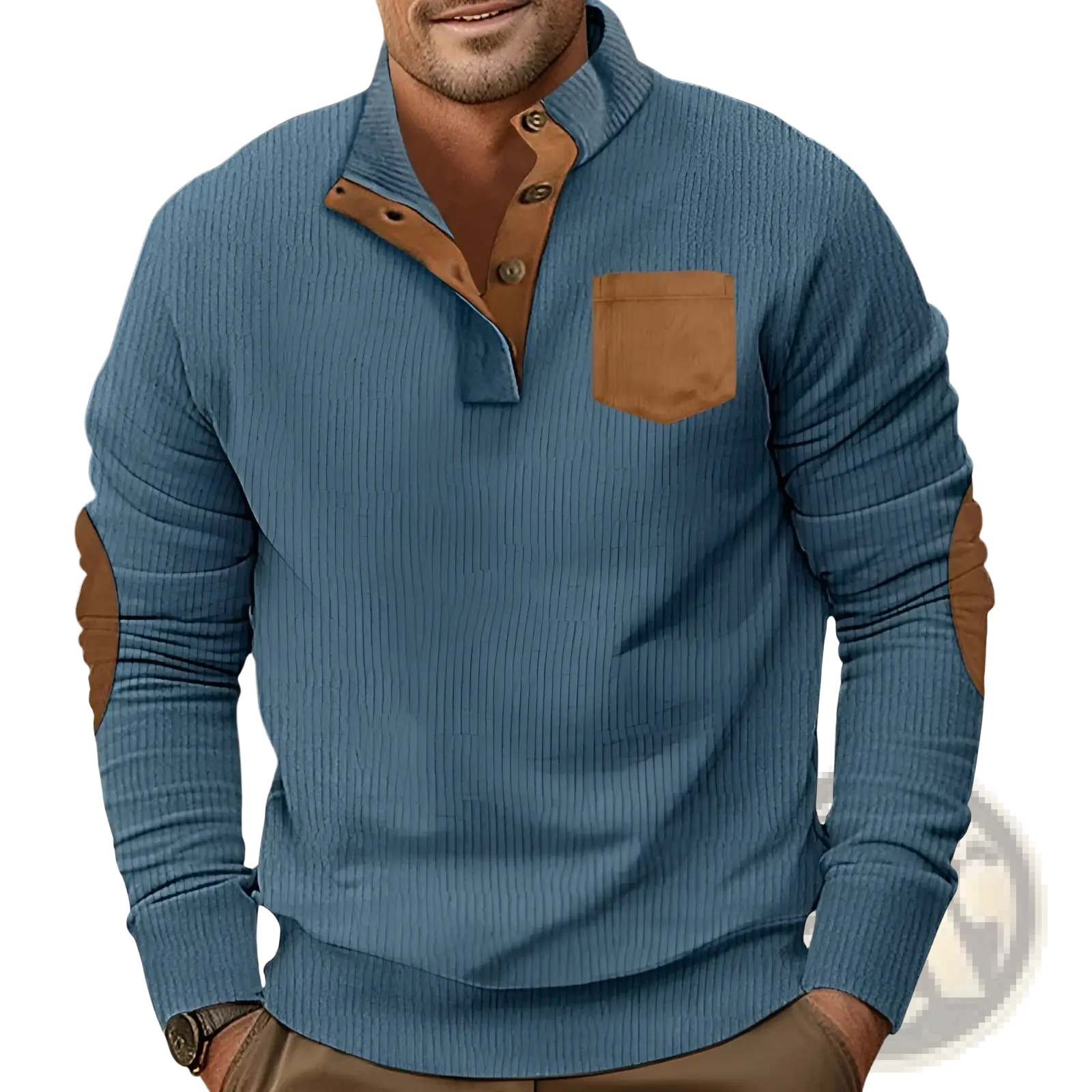 Slim fit blue ribbed knit henley shirt with brown leather corduroy patchwork accents on collar placket pocket and elbows