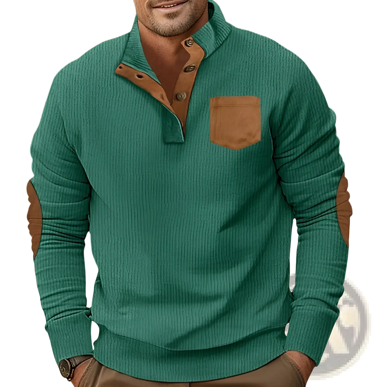 Teal slim fit corduroy patchwork pullover with ribbed knit henley design and brown leather-like contrast accents