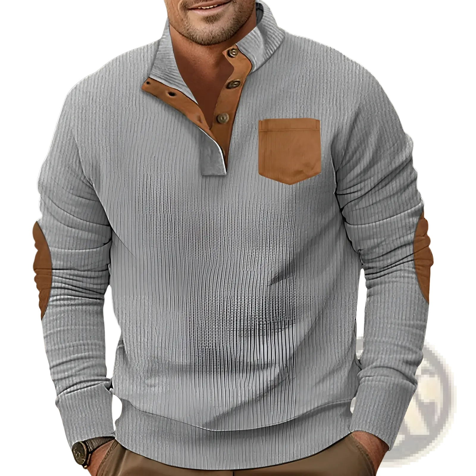 Gray ribbed knit long-sleeve henley shirt with brown suede collar, placket buttons, chest pocket, and elbow patches