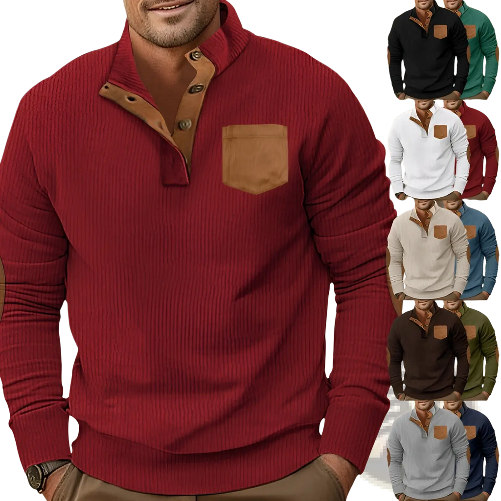 Slim fit corduroy patchwork pullover in red ribbed knit with contrasting tan collar and pocket detailing