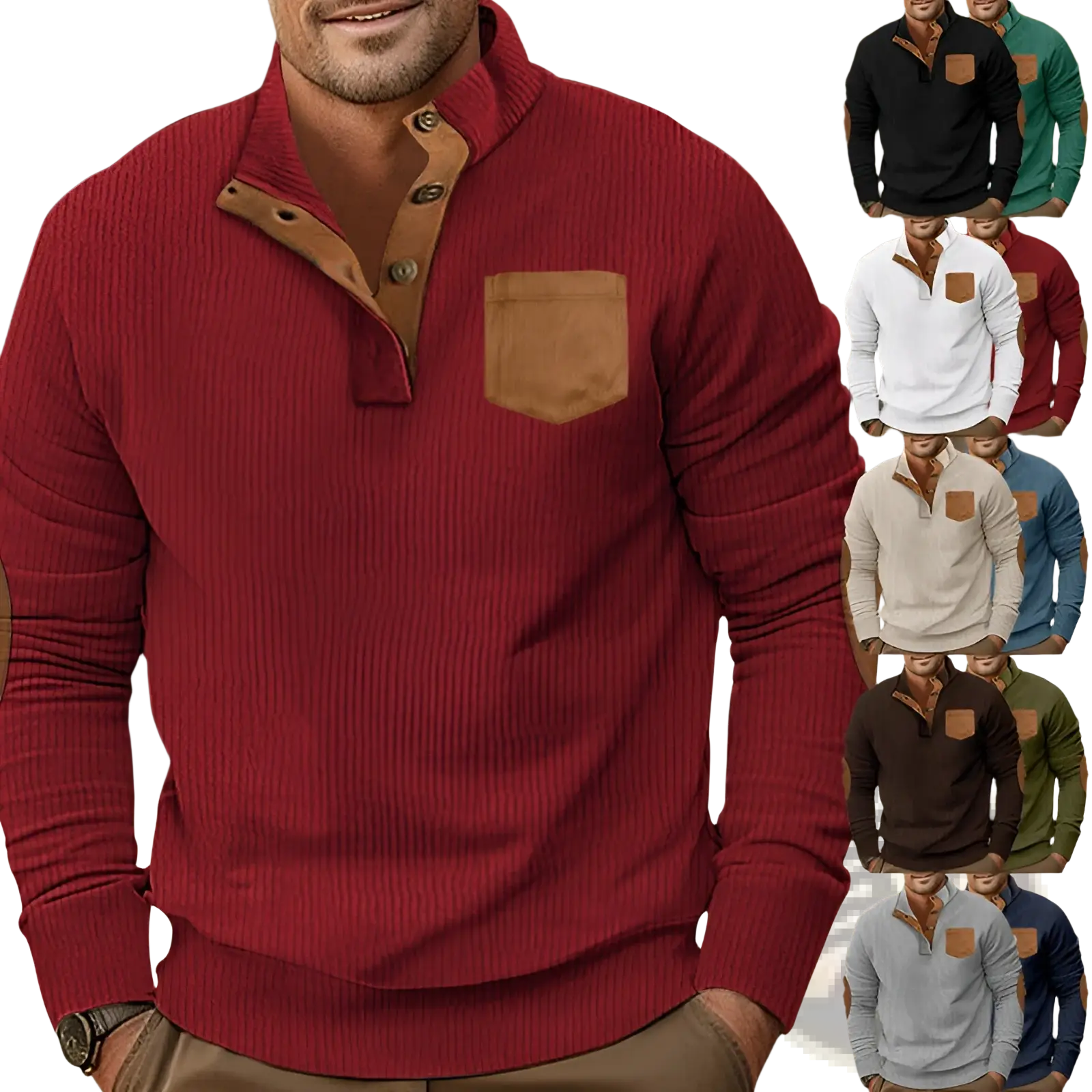 Slim fit corduroy patchwork pullover in red ribbed knit with contrasting tan collar and pocket detailing