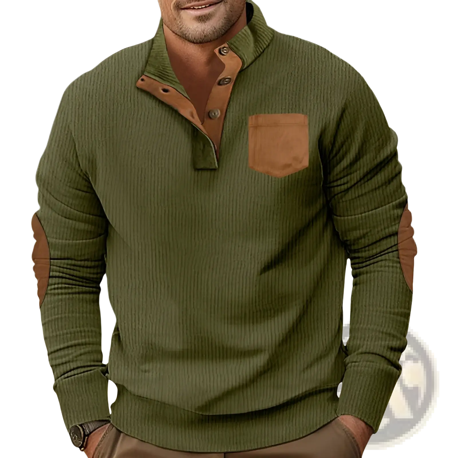 Slim fit corduroy patchwork pullover in olive green with brown leather collar and elbow patches for a stylish look