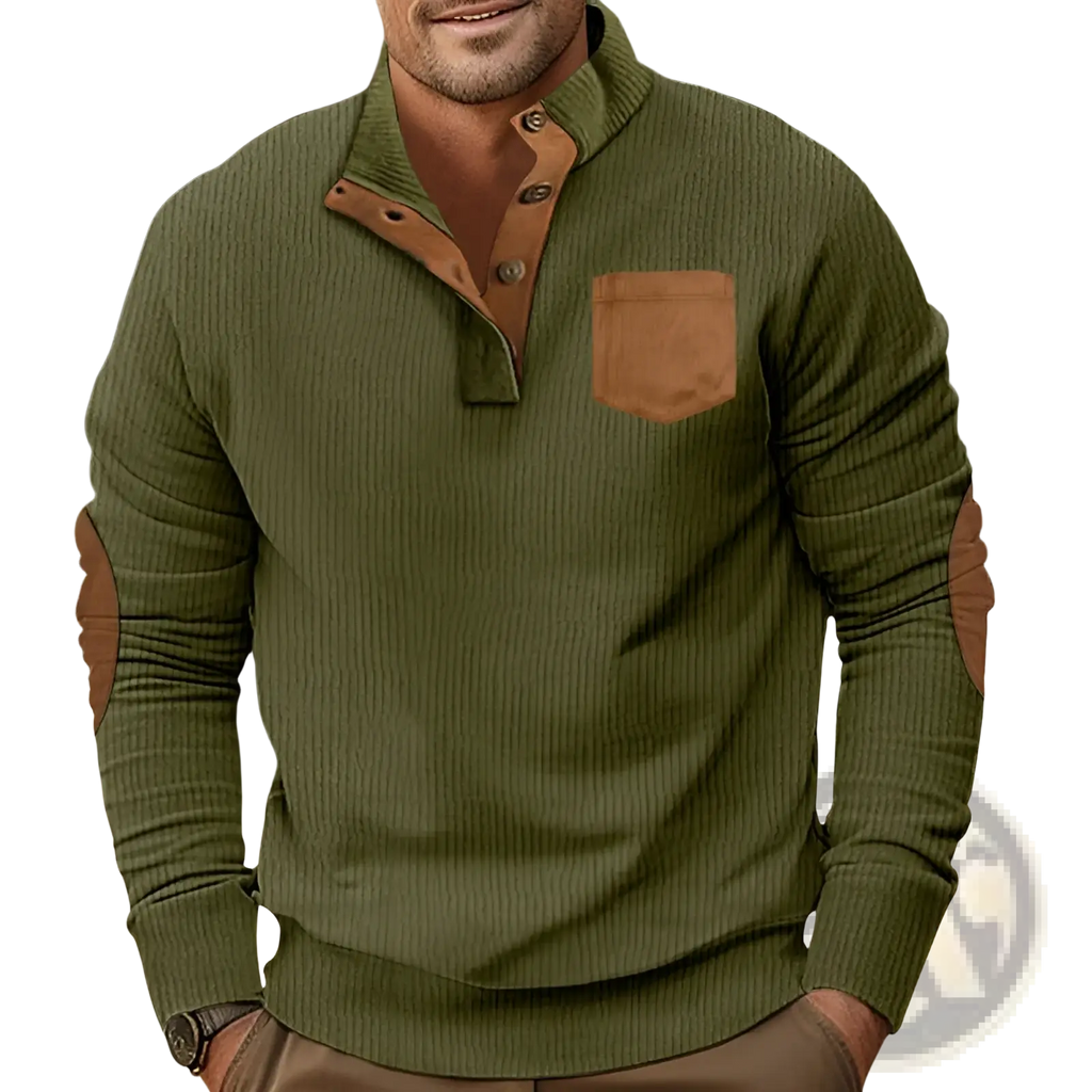 Slim fit corduroy patchwork pullover in olive green with brown leather collar and elbow patches for a stylish look