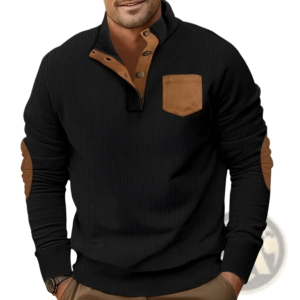Slim fit corduroy patchwork pullover in black ribbed knit with brown leather collar, placket, chest pocket, and elbow patches